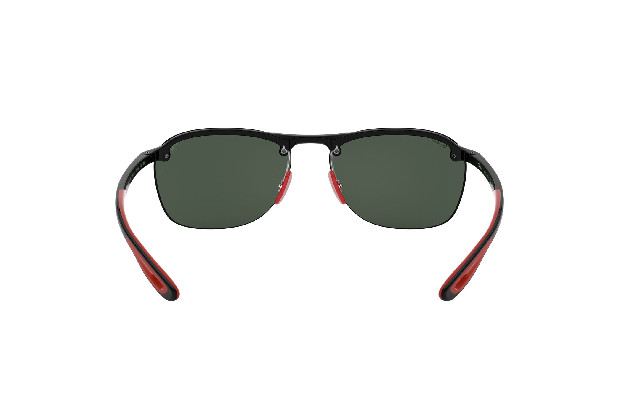 Ray-Ban RB4302-F601/71 Unisex Scuderia Ferrari Matte Black Square sunglasses with green lenses and red bridge detail.